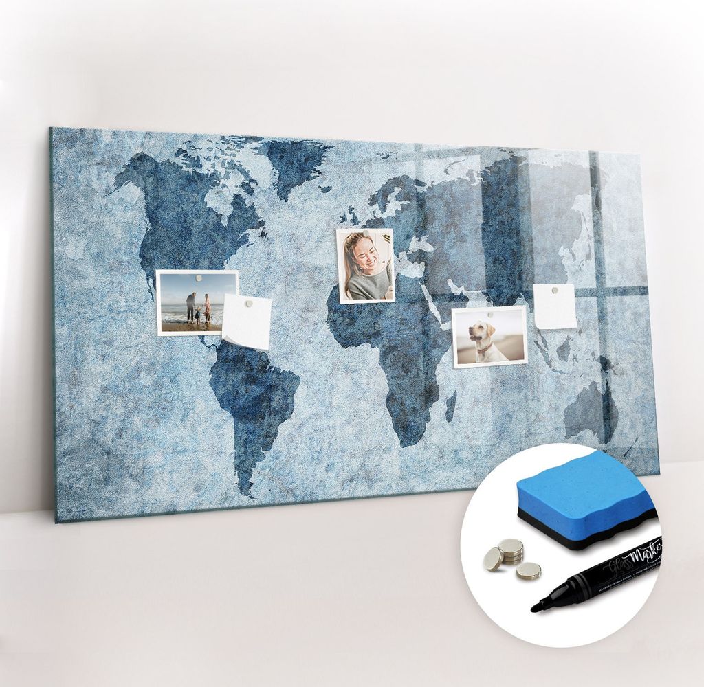 Magnetpinnwand Memoboard - Zubehörsatz - Schwarzer Marker + Schwamm + Magnete - 120 x 60 cm - Gemalte Weltkarte