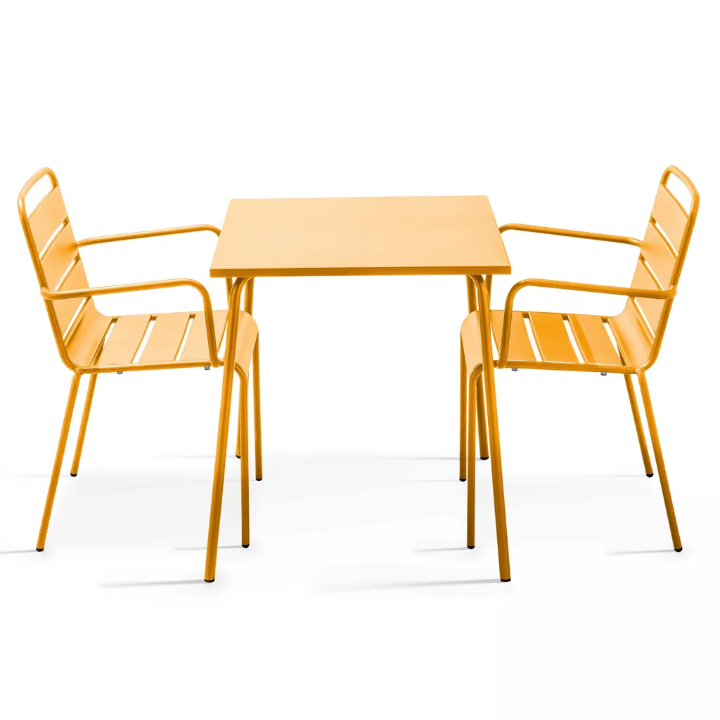 Table de jardin bistrot et 2 fauteuils acier jaune Oviala Palavas