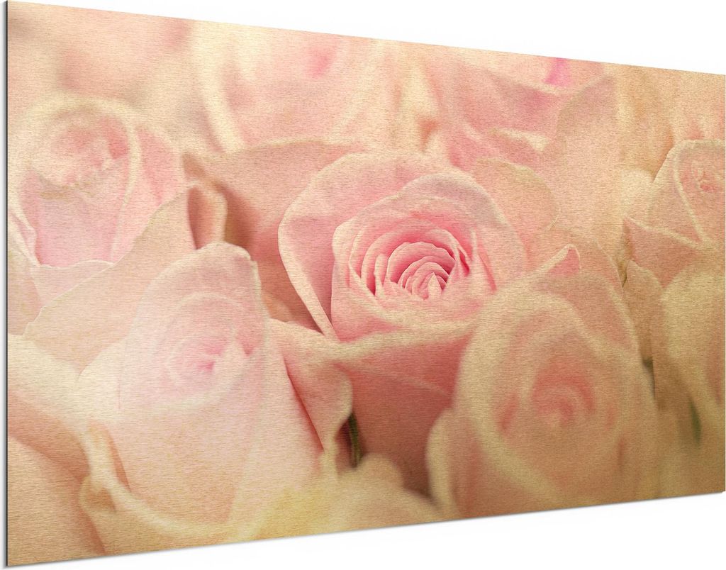DEQORI Alu-Dibond Bild Gold 100x50 cm 'Zarte Rosenblüten' Wandbild Metall dünn Design