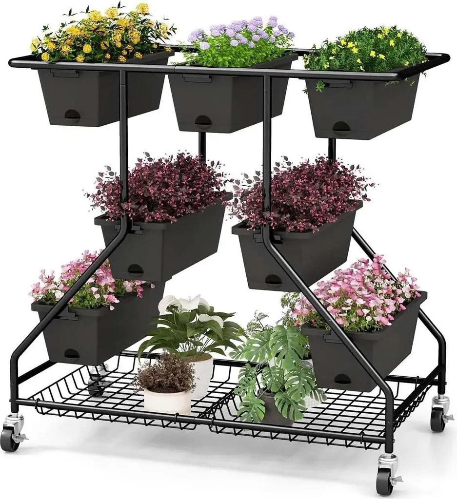 Étagère à plantes pour balcon et terrasse avec rangement 99 cm noir