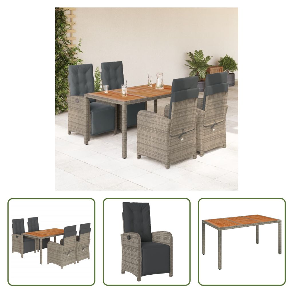 The Living Store 5-tlg. Garten-Essgruppe mit Kissen Grau Poly Rattan