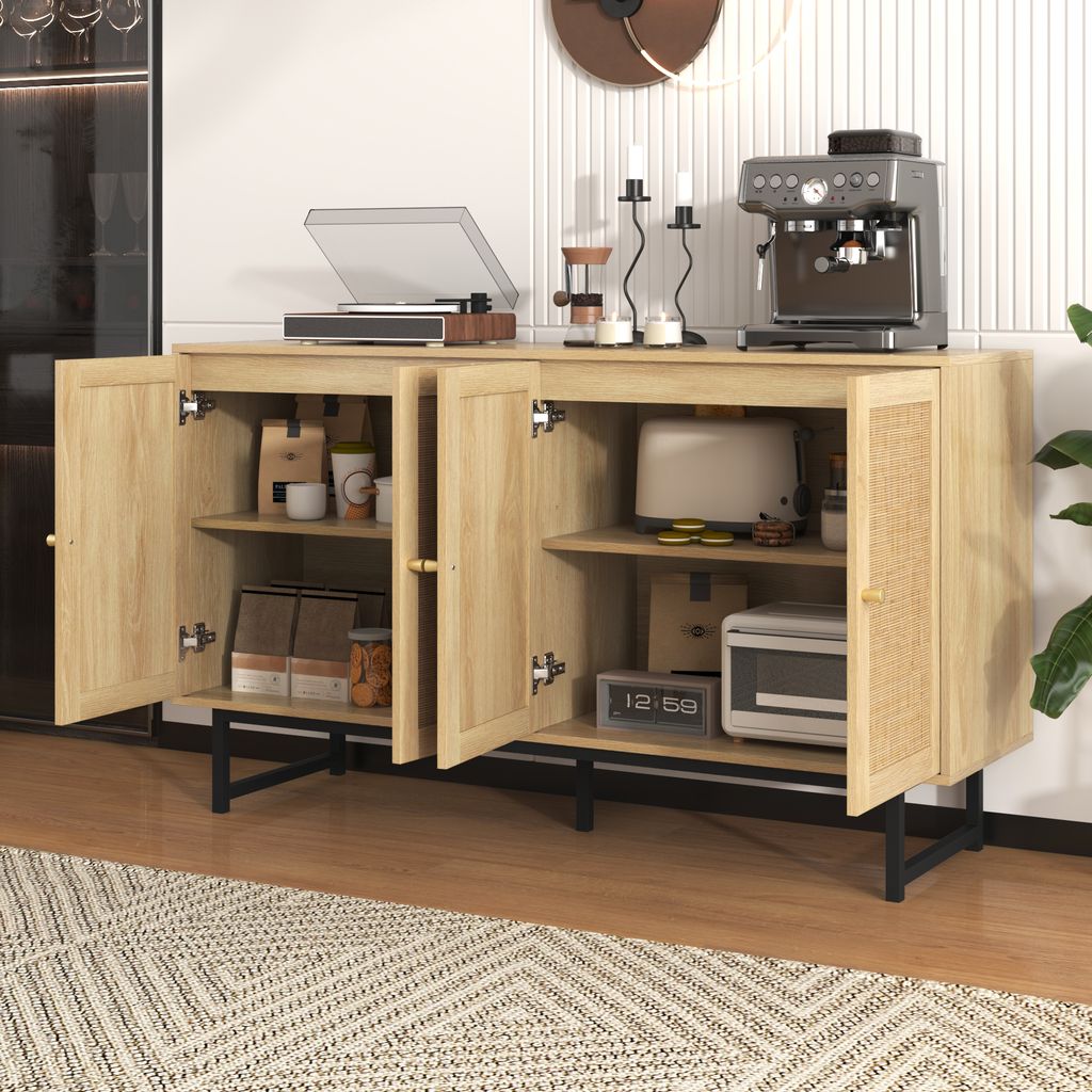 AIORBER Kommoden, echtes Rattangeflecht,4 Türen, 18 cm hohe Beine, großer Stauraum, Sideboard, für Wohnzimmer, Esszimmer, 140x39,5x80 cm, Holzfarbe