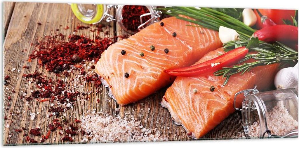 Bilder auf glas - Lachs Fisch Essen Küche - 120x50cm - Glasbilder - Wandbilder - Kunstdruck - zum Aufhängen bereit - Wanddekoration aus Glas - Gl...