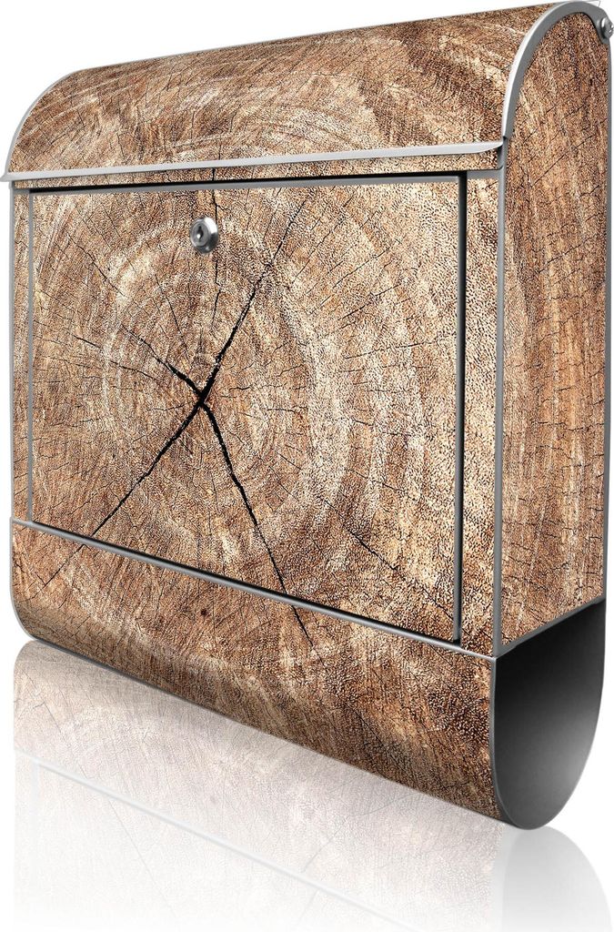 banjado Design Briefkasten Stahl silber mit Zeitungsfach pulverbeschichtet "Holzkreis mit Rissen" 38x46x12,5cm & 2 Schlüssel - Postkasten A4 Einwu...