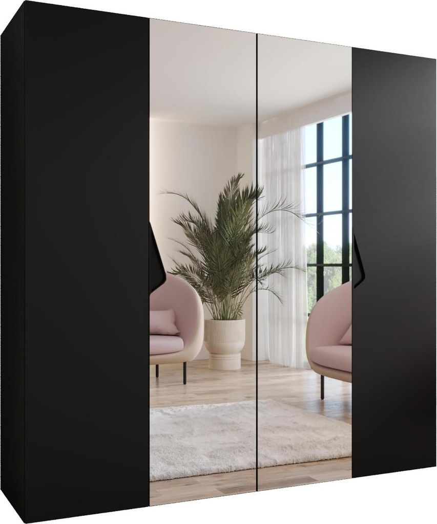 MEBLE KRYSPOL Schrank 200x202x52 cm mit Kleiderstange & Spiegel, 4xTür, SANDI, Schwarz, Griff Schwarz