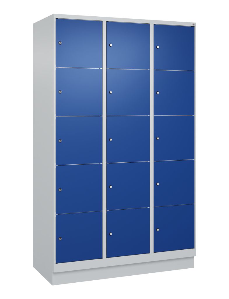 Fächerschrank, BxTxH 1200x500x1950 mm, 3x5 Fächer, Abt.B 400 mm, Sockel, Schloss, glatte Türen, RAL 7035/5010