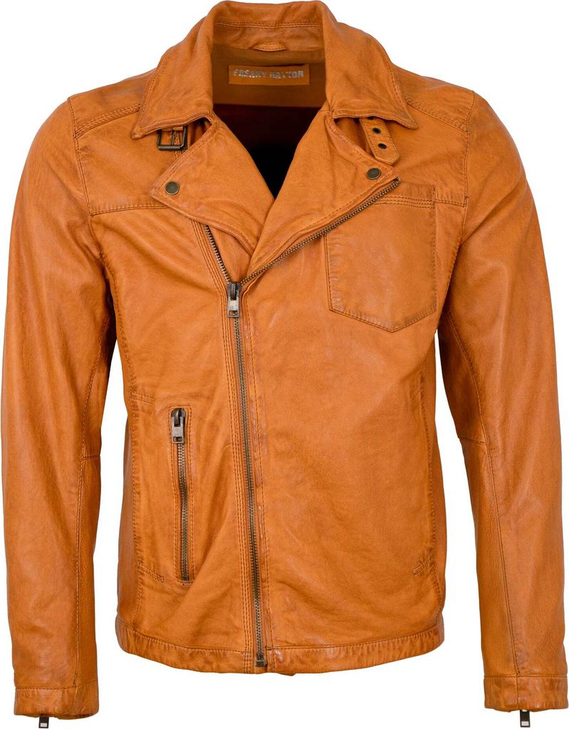 Freaky Nation - Herren Lederjacke Bikerjacke Lammnappa orange-gelb : L