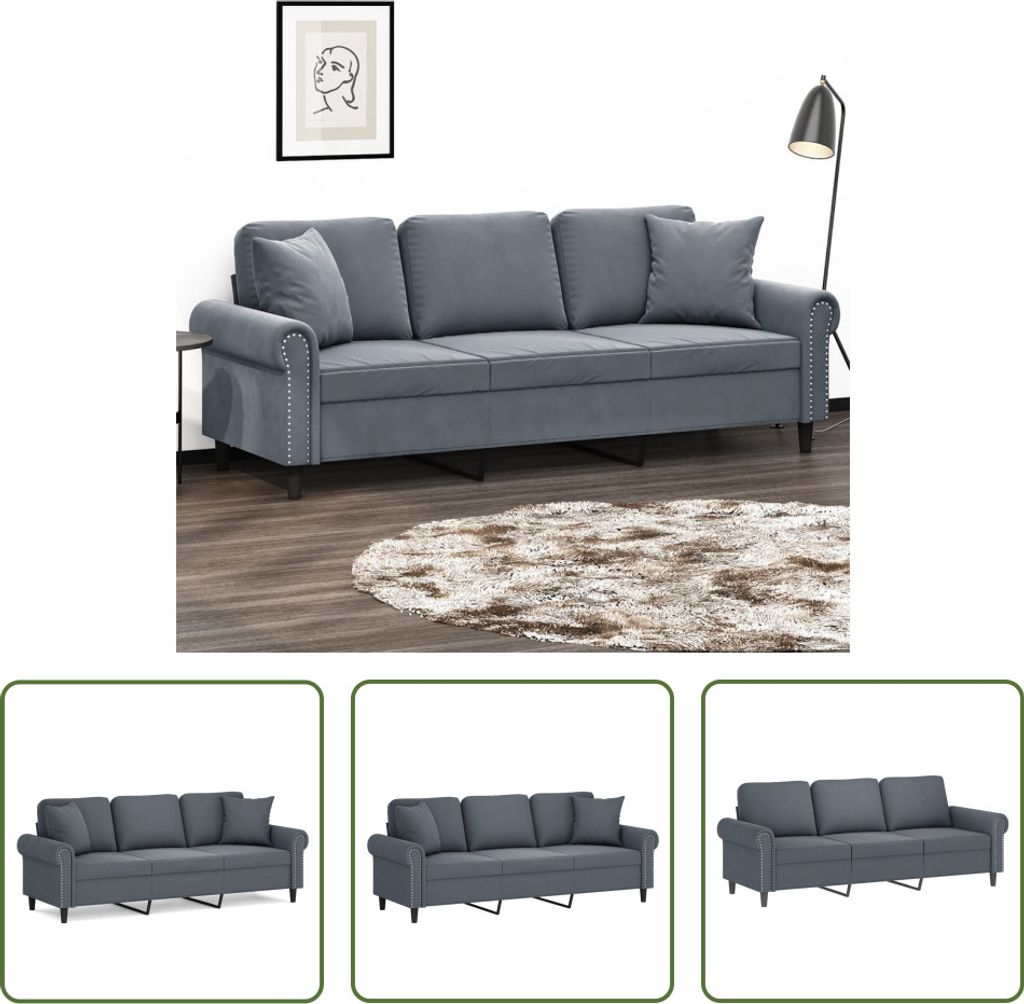 The Living Store 3-Sitzer-Sofa mit Zierkissen Dunkelgrau 180 cm Samt