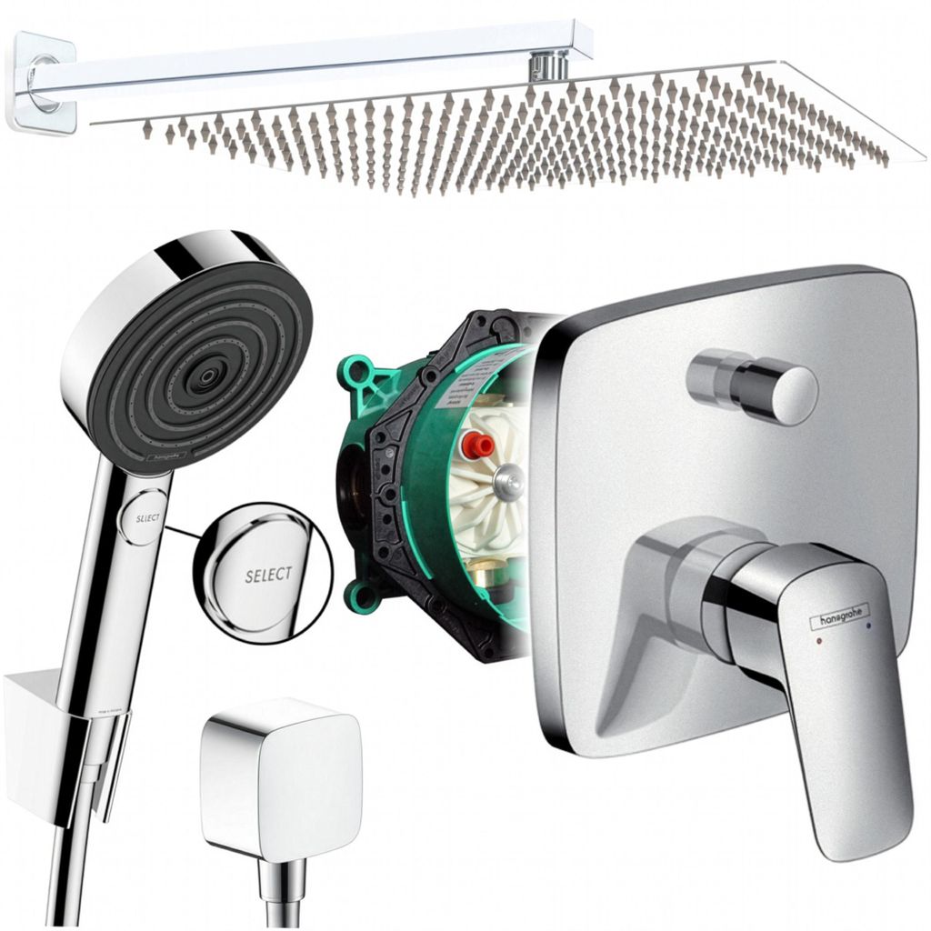 Hansgrohe und Jowi Unterputz Duschsystem mit 360mm Kopfbrause, Logis Duscharmatur, Pulsify