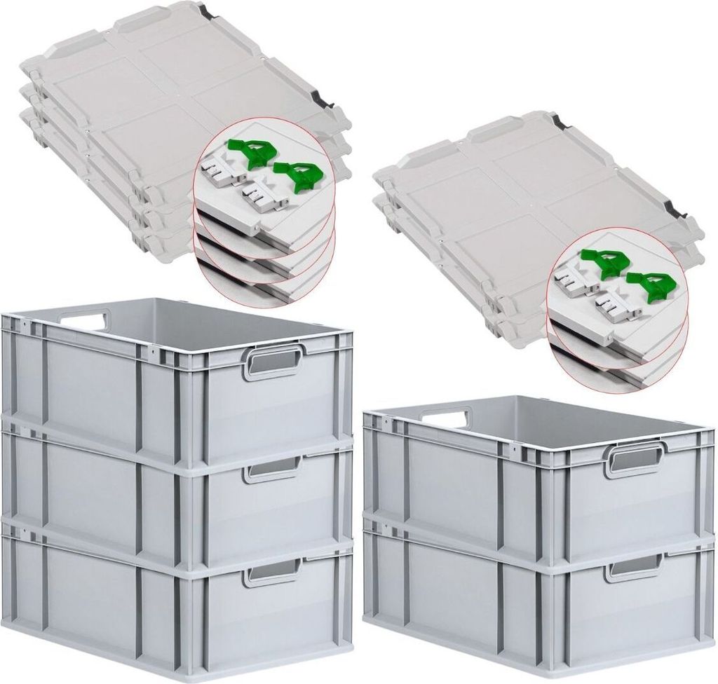 SuperSparSet 5x Eurobox NextGen Grip mit Scharnierdeckel und grünen Schiebeschnappverschlüssen | HxBxT 22x40x60cm | 44 Liter | Griffe offen | Ver...