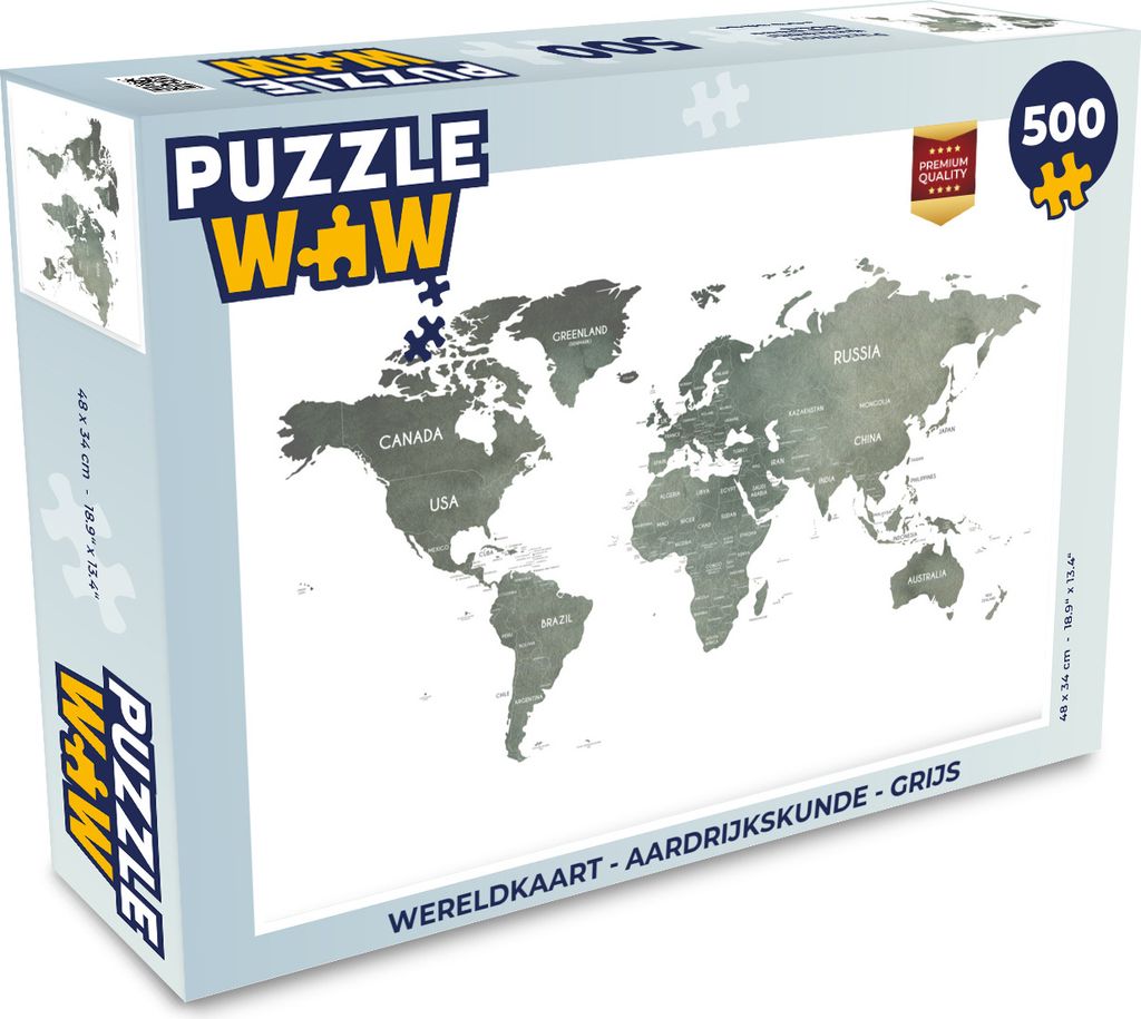MuchoWow Puzzle 500 Teile Weltkarte - Geographie - Grau - 500 Teile - Kinder - Selberbauen - Puzzlespiele