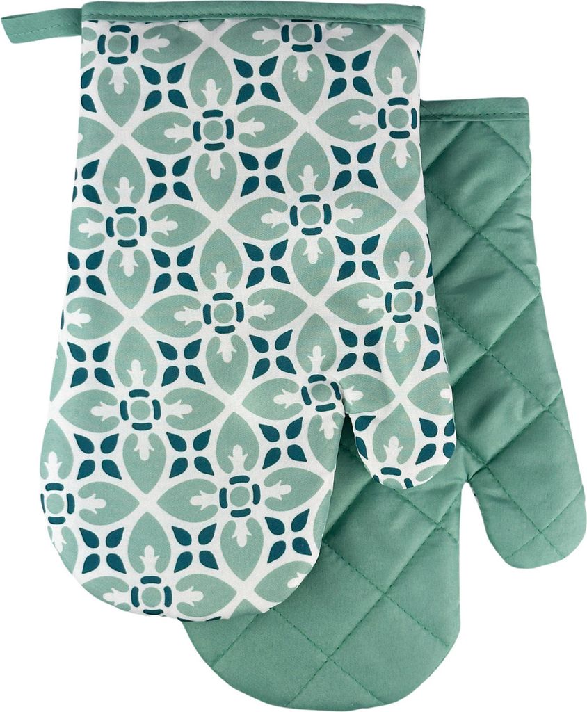 A pair of oven mitts with a geometric pattern.