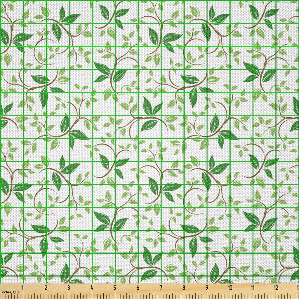 ABAKUHAUS Blatt Satin Stoff als Meterware, Muster Mit Kleinen Fantastischen Grünen Blättern Verzweigt Sich Moderne Illustration, 3 M (148 x 300 c...