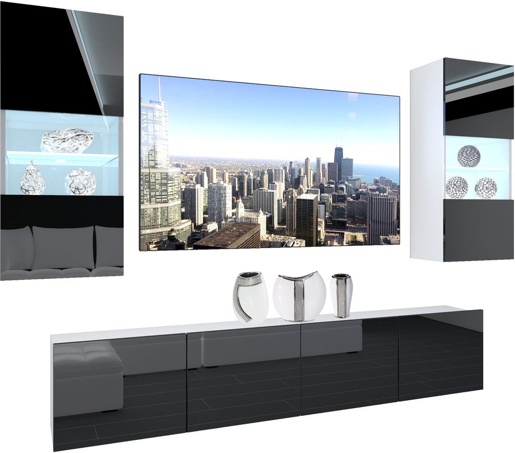 BELINI Wohnwand Vollausstattung Wohnzimmer-Set Moderne Schrankwand mit LED-Beleuchtung Weiß Glänzend Anbauwand TV-Schrank Schwarz Glänzend