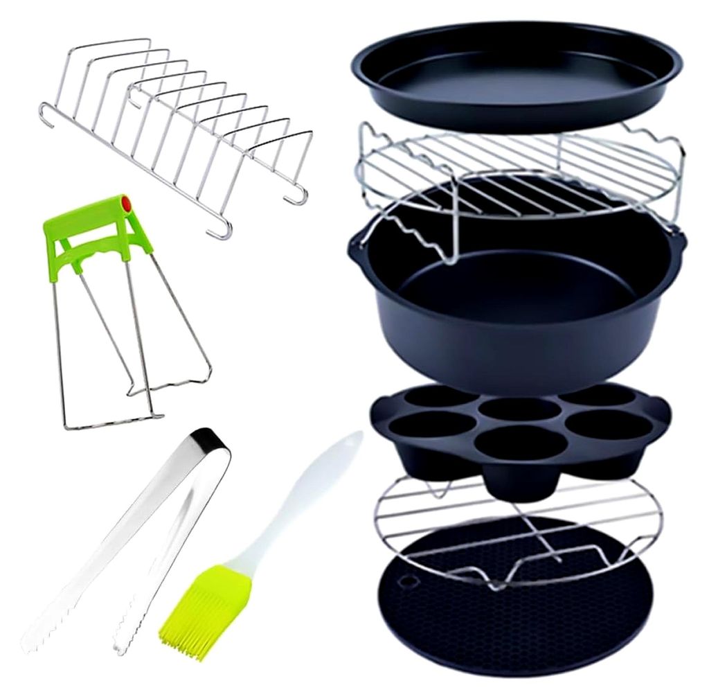 9-teiliges Airfryer Zubehörset aus Edelstahl mit Antihaftbeschichtung, hitzebeständig und leicht zu reinigen für vielseitiges Kochen und Backen ...
