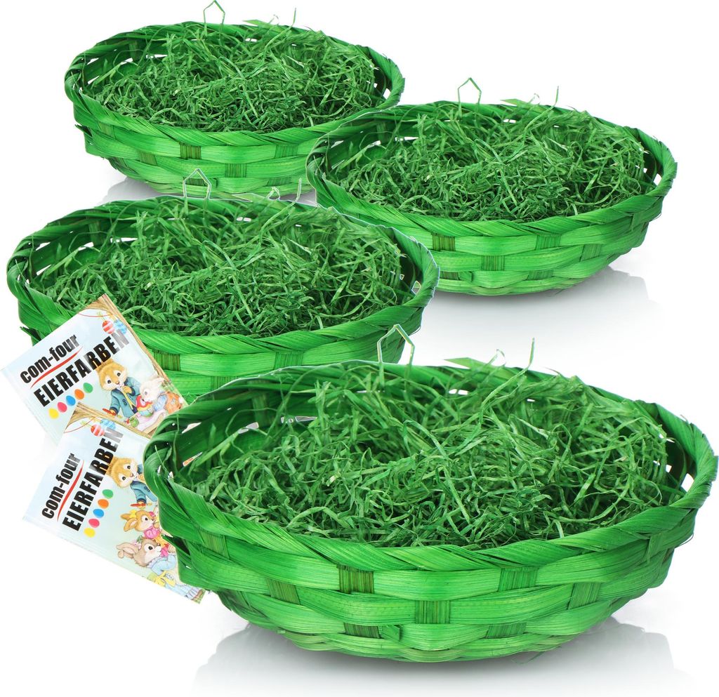 com-four 4x Osterkörbchen mit Deko Gras und Eierfarben - grüne Osterkörbe mit grünem Gras - Bastkorb mit Ostergras und Ostereierfarben