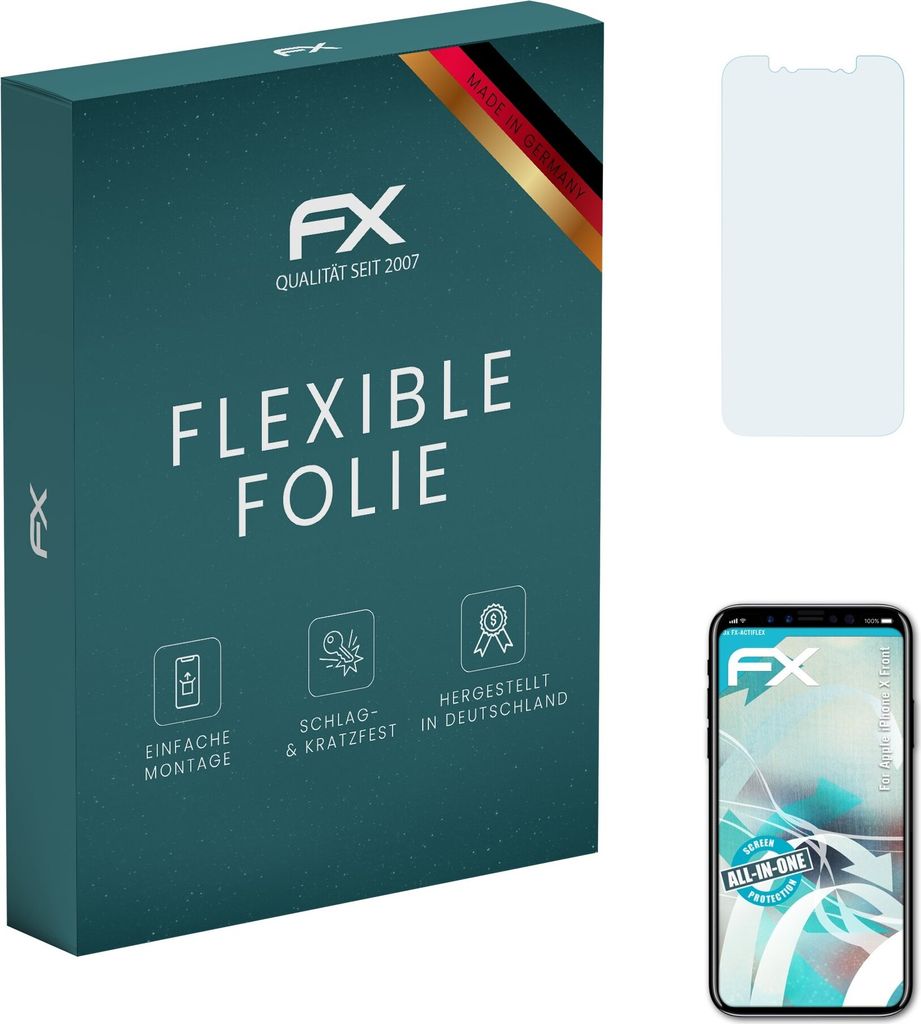 atFoliX FX-ActiFleX 3x Schutzfolie kompatibel mit Apple iPhone X (Front) Folie