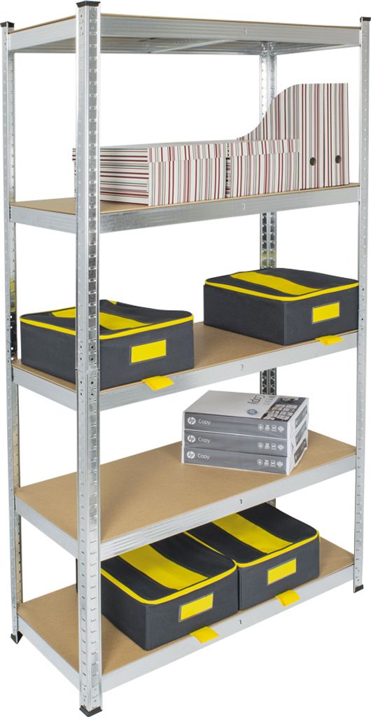 A metal shelving unit filled with storage boxes and binders.