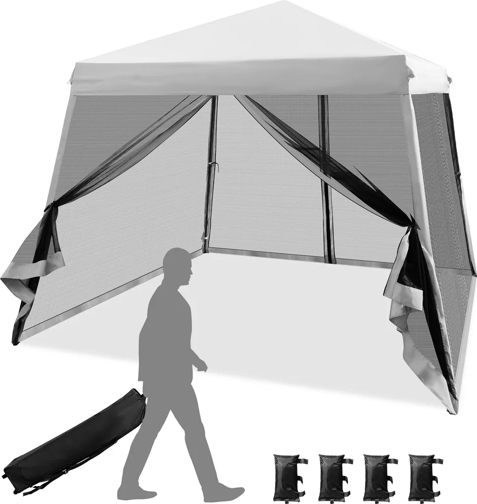 COSTWAY 3x3m gazebo pop up con zanzariera e sacchi di sabbia, gazebo pieghevole, protezione UV 50+, tenda da giardino stabile per feste, gazebo da giardino per giardino, inclusa borsa avvolgibile (grigio)