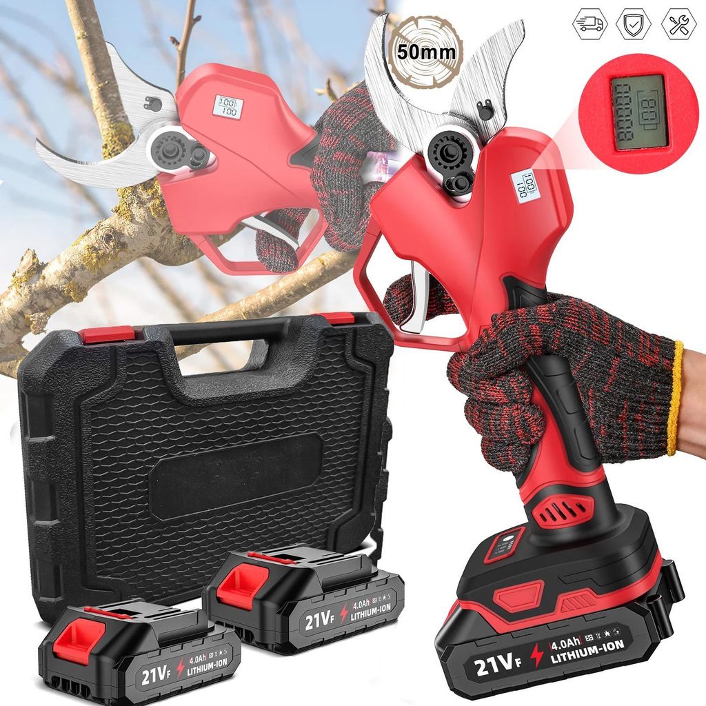 Elektrische Astschere - Kabellose Gartenschere - 21 V bürstenloser Motor - Klinge aus Kohlenstoffstahl - 1 Akku, EU-Stecker - 50 mm Schnittdurchme...