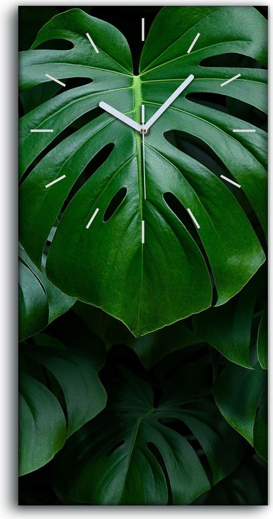 Wohnzimmer-Bild Leinwand Uhr 30x60 Gemälde Blüten Pflanzen Monstera Blätter - weiße Hände