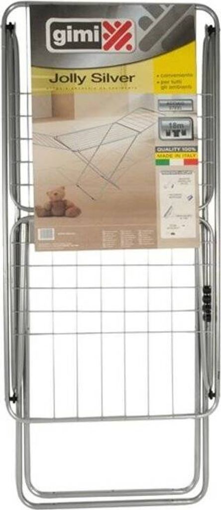 A silver folding drying rack with a product label.
