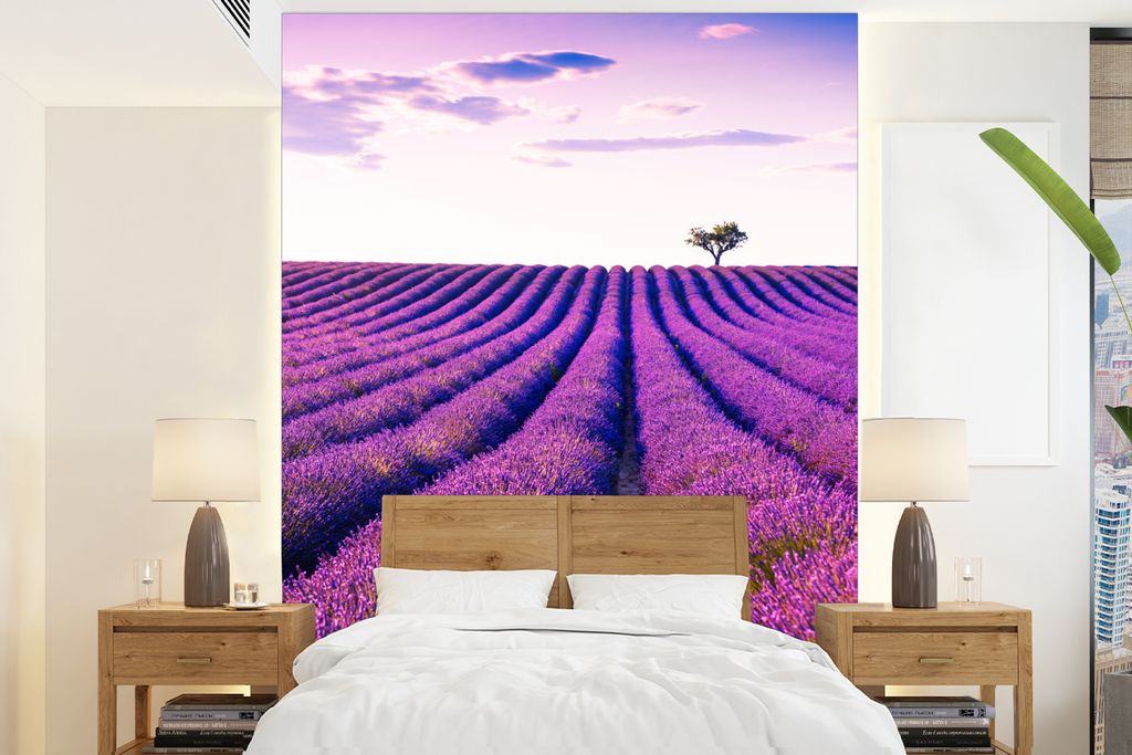MuchoWow Fototapete für Wohnzimmer oder Schlafzimmer Wandtapete Vinyl Motivtapete Lavendel - Bäume - Lila - Blumen - 195x260 cm - Wandbild