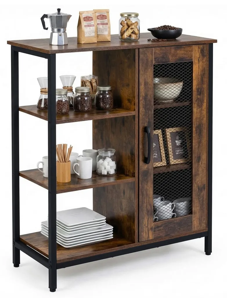 Meuble de Cuisine avec Porte et Étagères Buffet Bas en Bois Rustique