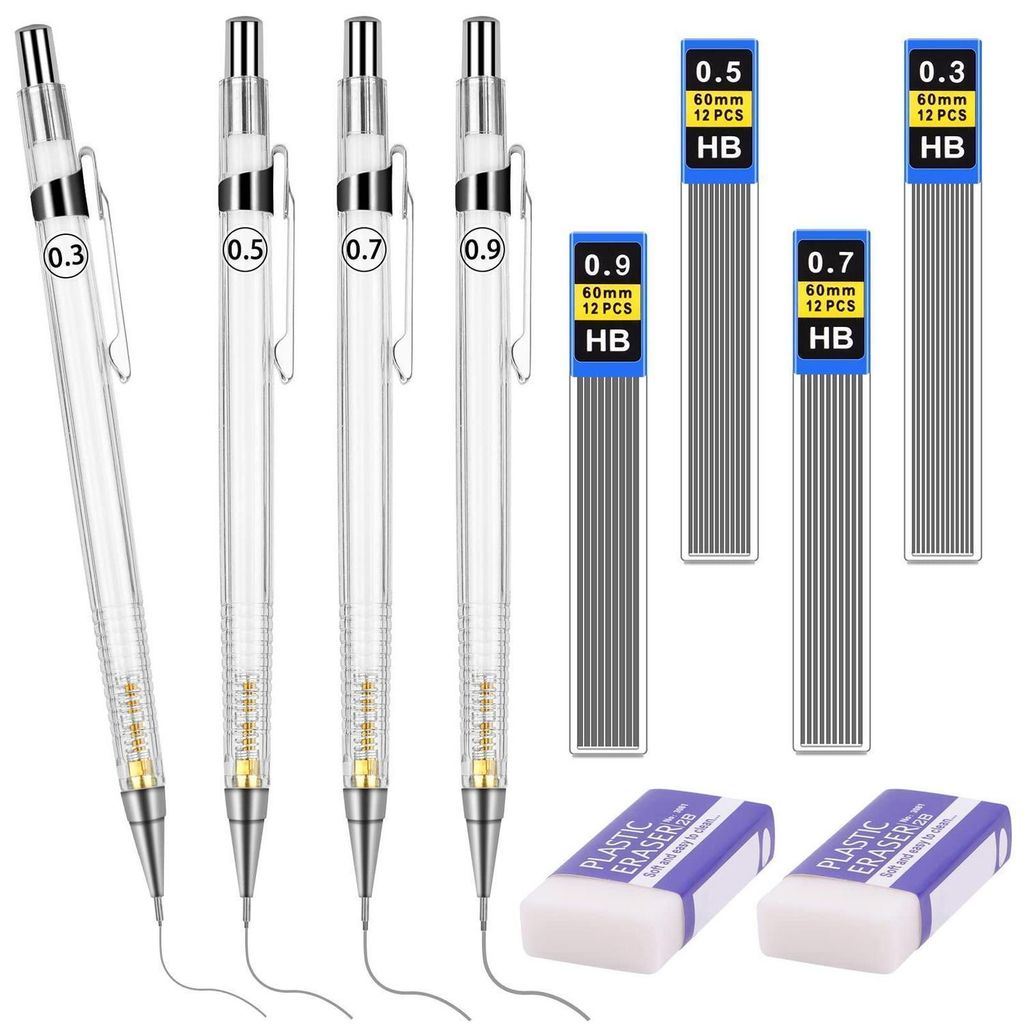 Zestaw ołówków do rysowania, 0,3/0,5/0,7/0,9 mm, HB, białe, Zdjęcie produktu 