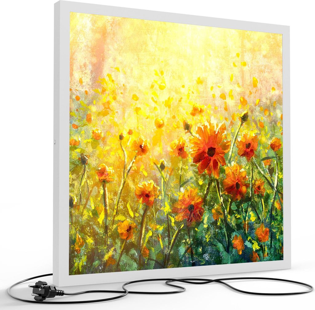 DEQORI LED-Bild & Lampe 60x60 cm Weiß 'Blumenwiese im Monet-Stil' Leuchtbild LED Leuchte