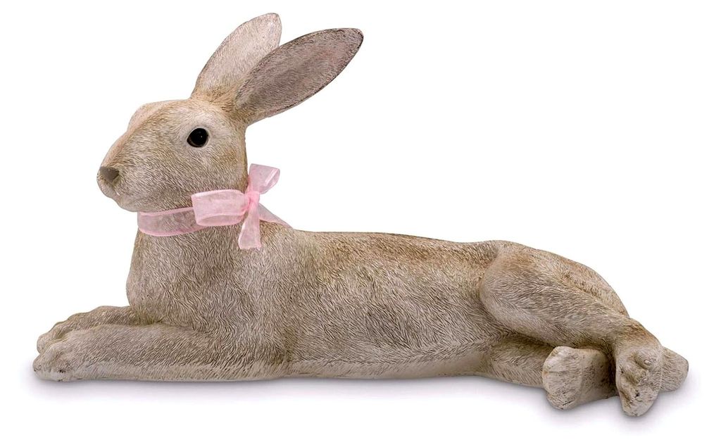 große Deko-Hasenfigur aus Kunststein 48 cm - liegender Osterhase mit rosa Schleife und Fell-Optik - brauner Polyresin-Osterhase für die Frühjahr...