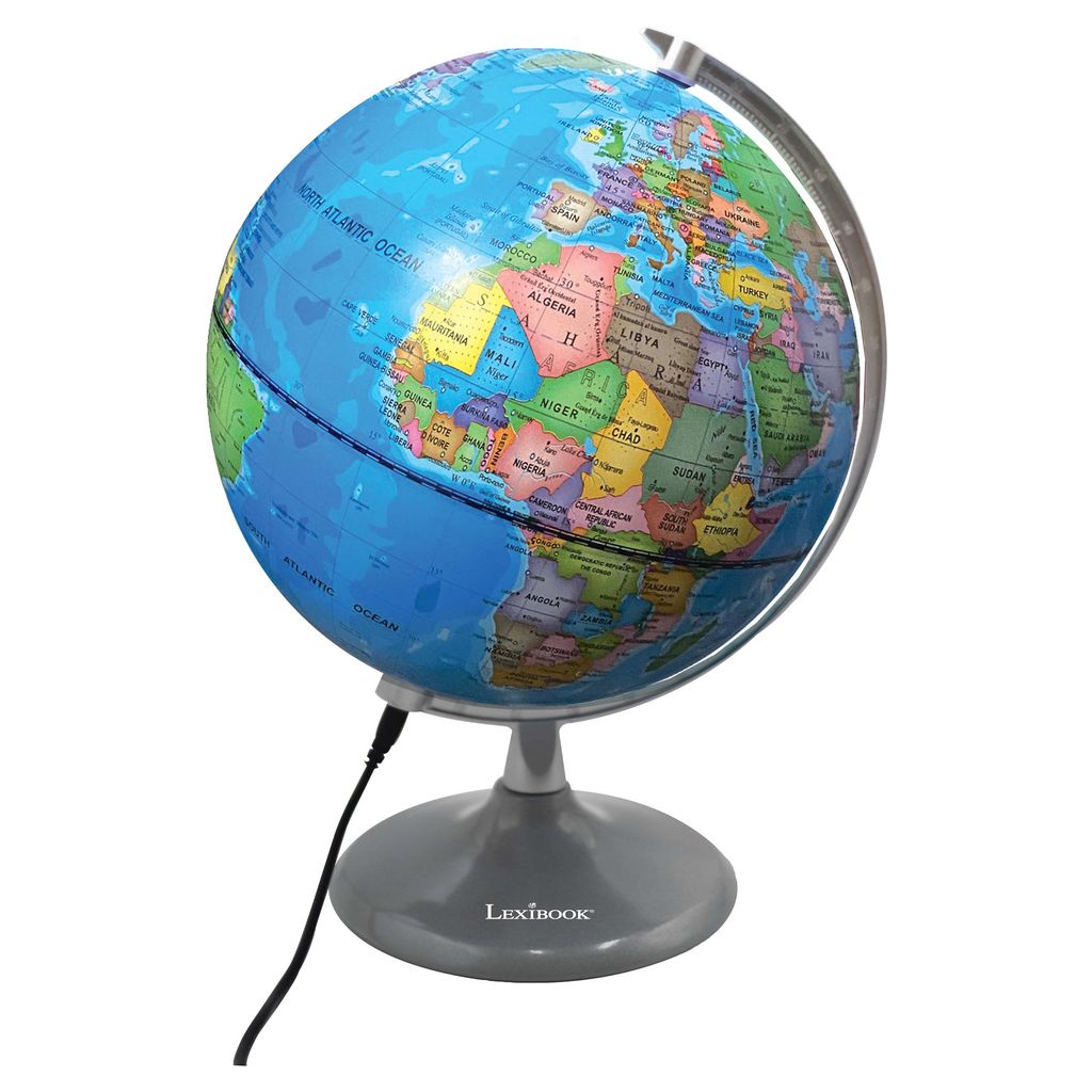 A lit globe on a stand, showing continents and oceans.