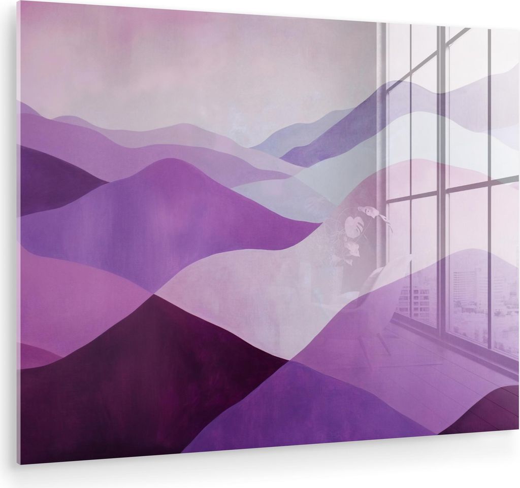 MuchoWow Glasbilder - Bilder auf Wandbild - Foto auf Glas Abstrakt - Hügel - Landschaft - Lila 80x60 cm Wanddekoration aus Glas - Acrylglasbild - ...