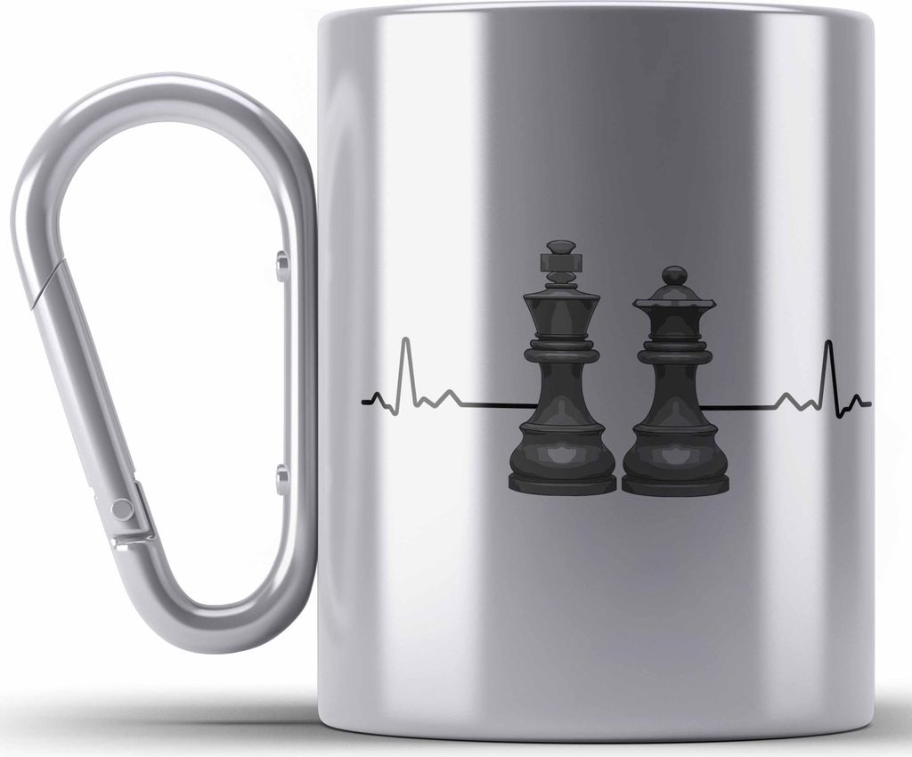 Trendation - Schach Geschenk Schachspieler Geschenkidee Edelstahl Tasse Karabiner mit Schachfiguren Grafik Spruch (Silber)