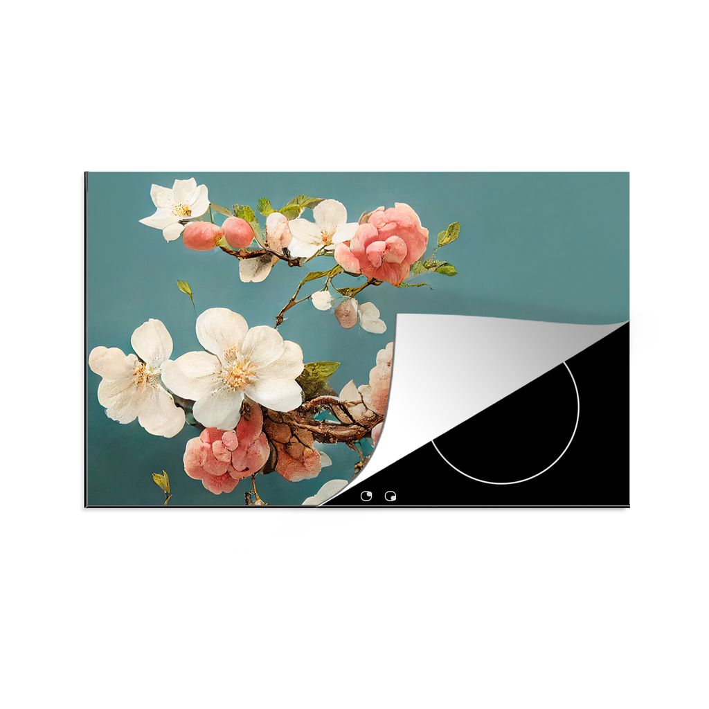 KitchenYeah Herdabdeckplatte Blumen - Blüte - Kirsche - Zweig - Weiß , 89x51cm, Küche Deko, Glaskeramikkochfeld Herdabdeckung, Abdeckplatte f...