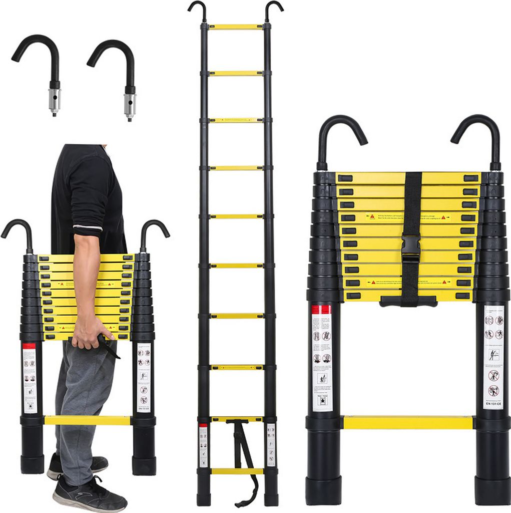 TolleTour Teleskopleiter 3,2m mit haken Stehleiter Ausziehleiter Stabil Aluminium bis 150kg