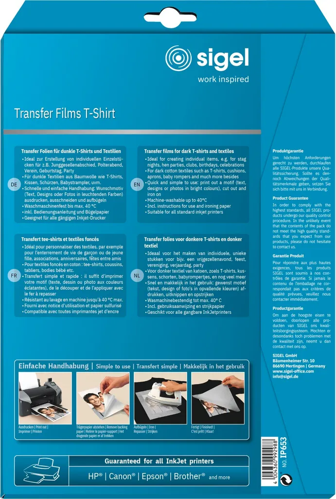Sigel® IP653 Pellicole di trasferimento InkJet per T-shirt, per tessuti di colore scuro, incl. carta da stiro, 6 pellicole - 9