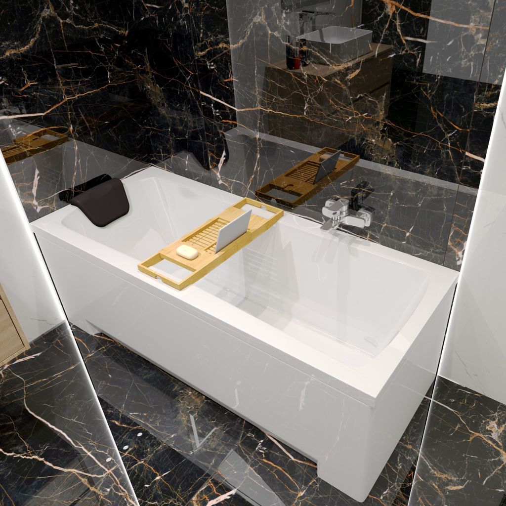 Badewanne Rechteck Set 5in1 170x70 mit Premium Ablaufgarnitur und Füßen GRATIS + Verkleidung (AcrylSchürze) + Bambus Holzablage | BADLAND OPTIMAZ