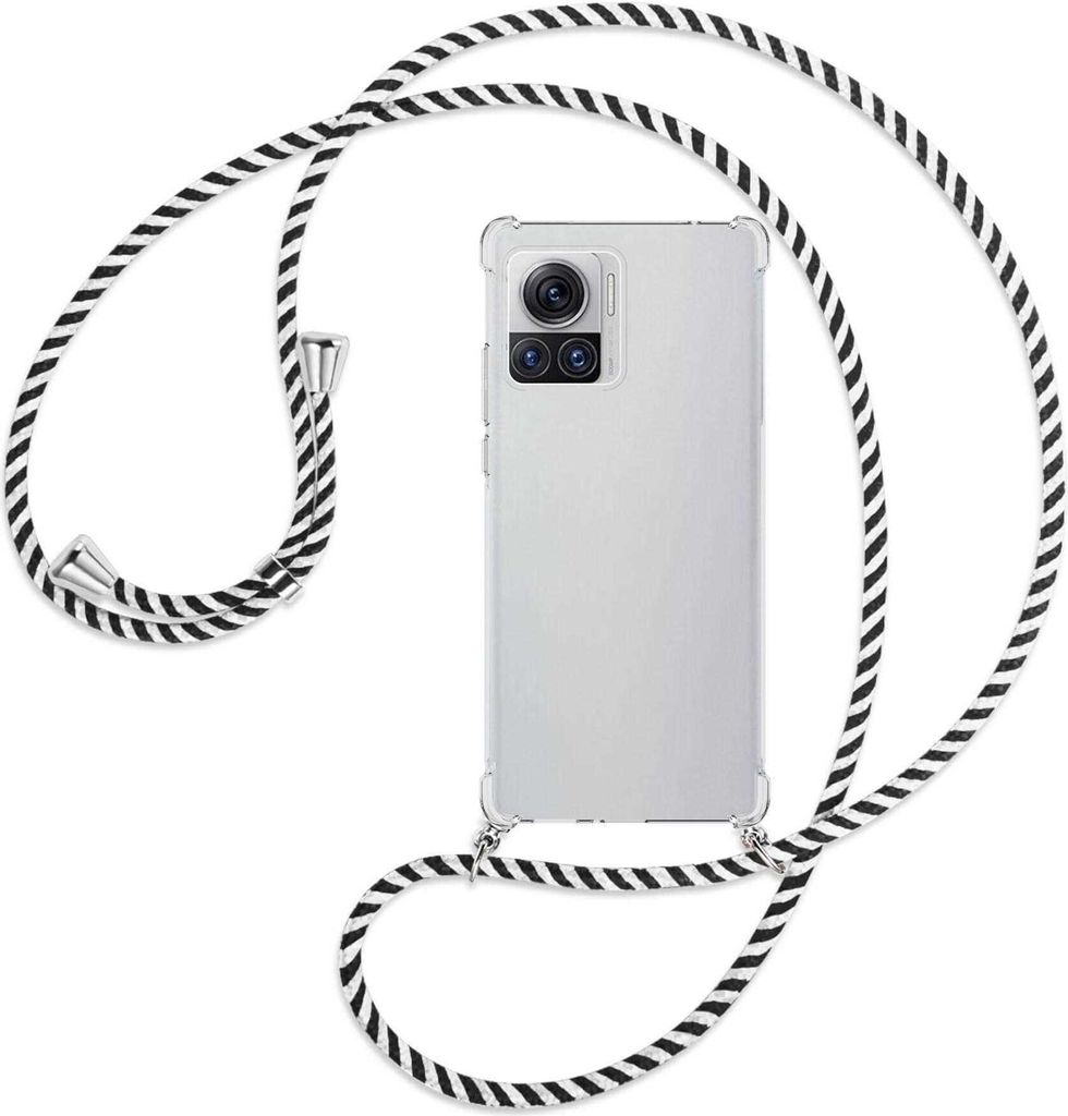 Handykette Backcover-Schutzhülle mit Band (Metall silberfarben) für Motorola Edge 30 Ultra, Moto X30 Pro - schwarz/weiß gestreift