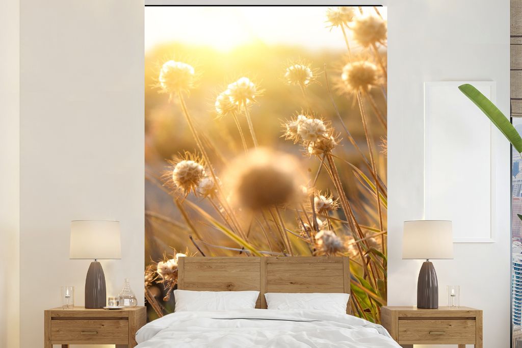 MuchoWow Fototapete für Wohnzimmer oder Schlafzimmer Wandtapete Vinyl Motivtapete Pflanzen - Natur - Blumen - Sonne - Horizont - 180x280 cm - Wa...