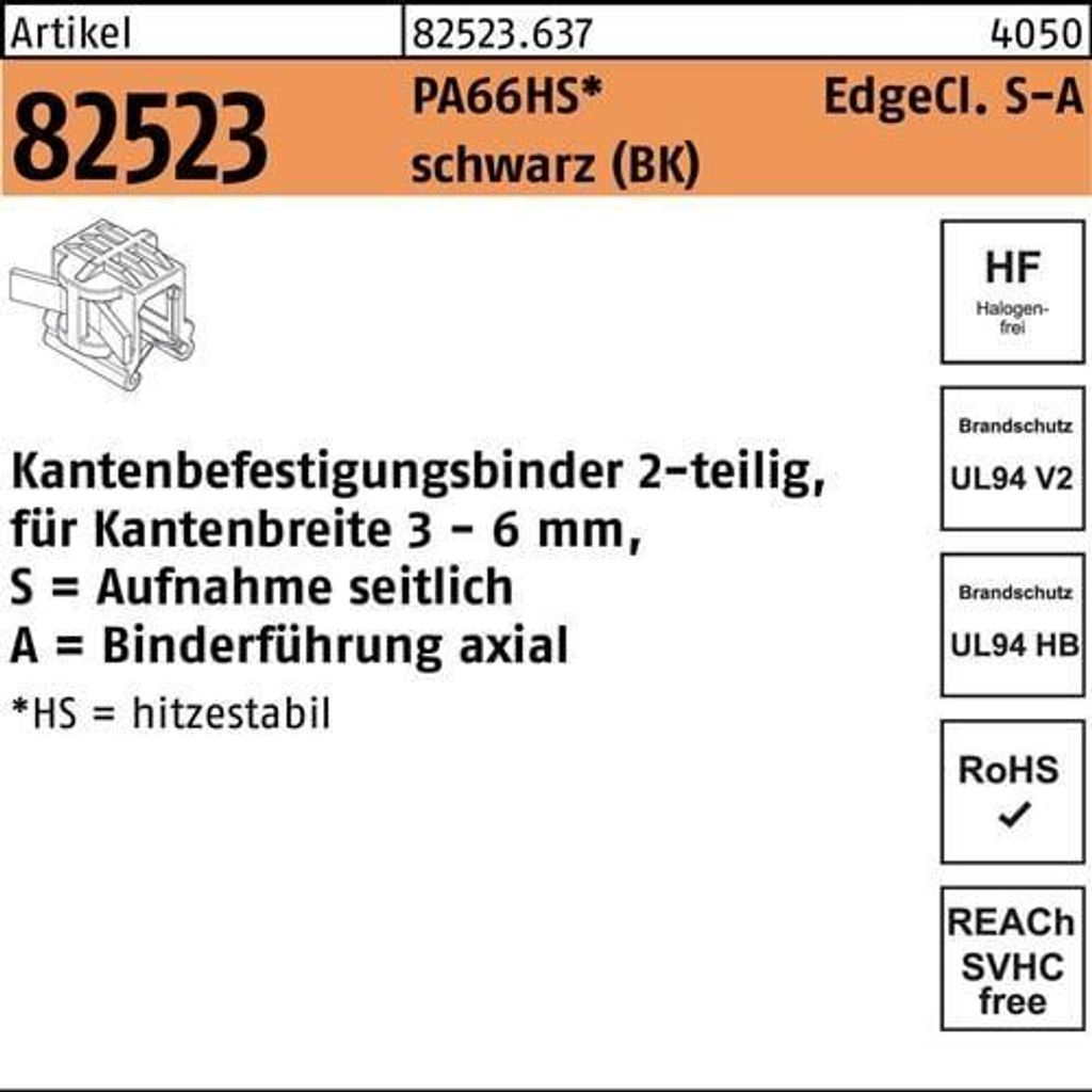 Befestigungsbinder R 82523 m.Edgeclip 4,6 x 200/45 PA66HS schwarz seitlich-axial