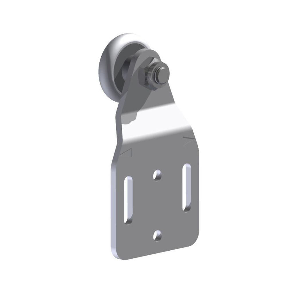 A 3D rendering of a metal roller bracket with a wheel, isolated on a white background.