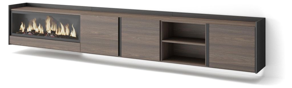TV-Möbel Holzeffekt eiche schwarz 315x35x50cm Kamin mit Feuereffekt