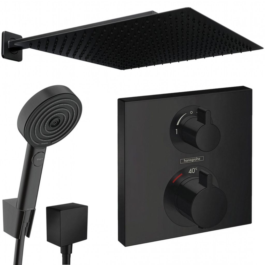 Hansgrohe und Jowi Unterputz Duschsystem Ecostat Square Thermostat, Schwarz, Duscharmatur mit 360x360 mm Kopfbrause, OHNE iBox