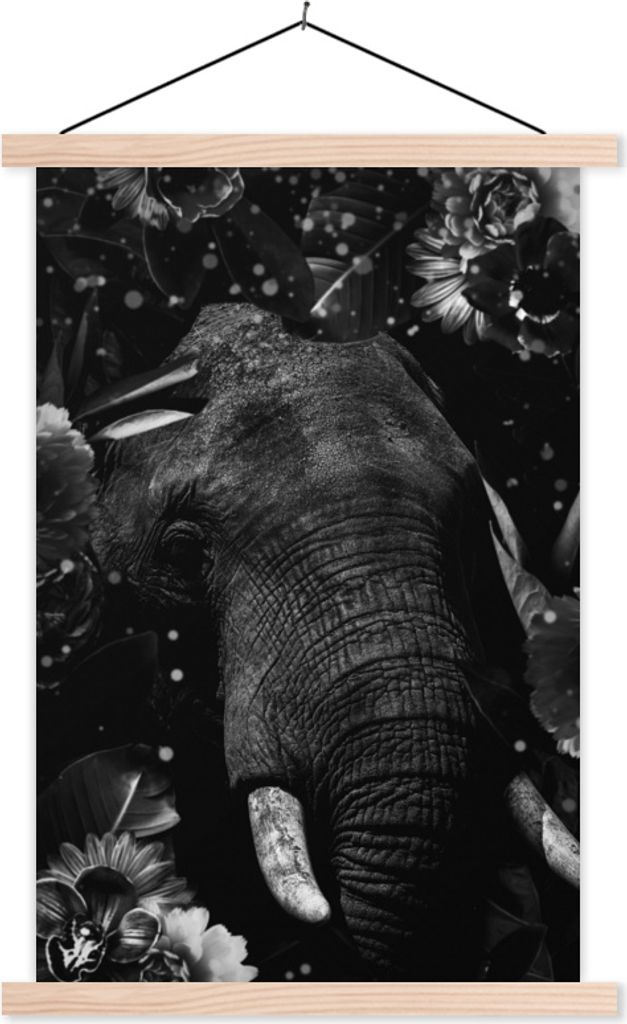 MuchoWow Textilposter Botanischer Elefant mit hellen Kugeln auf abgedunkeltem Hintergrund - schwarz und weiß 120x180 cm mit holzfarbenen Rahmen ...