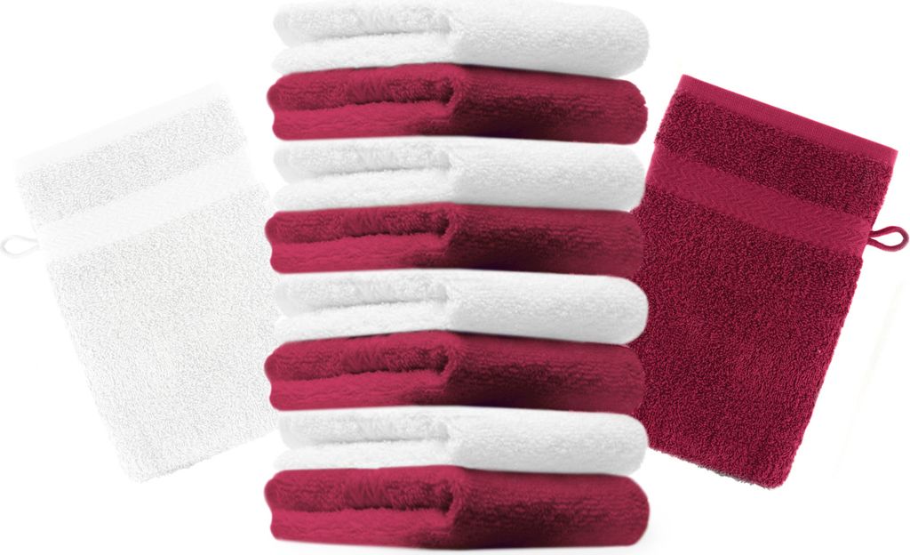Betz 10 Stück Waschhandschuhe 16x21 cm PREMIUM 100% Baumwolle Farbe: dunkelrot und weiß