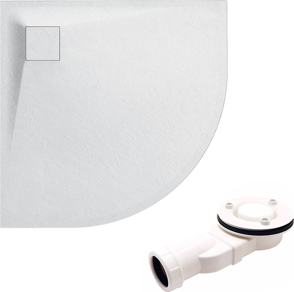 Duschwanne Halbrund 90x90x3,2 SMC Steinoptik, Ablaufgarnitur im SET, Anti-Rutsch, Verbundwerkstoff, Weiß | BADLAND VIDAR