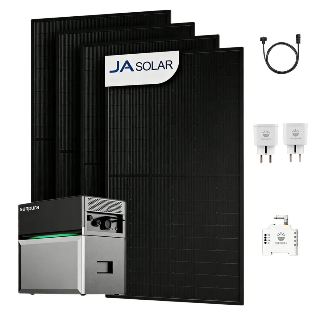 Balkonkraftwerk mit Speicher, Sunpura S2400 All-in-One 2,4 kWh Speicher mit 4x JA Solar 500Wp Solarmodule und Smart Meter + 2x Smart Plug (0% MwSt)