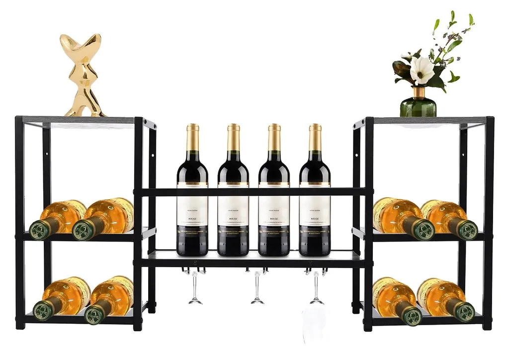Étagère à vin 3 étages en métal et bois, rangement bouteilles robuste