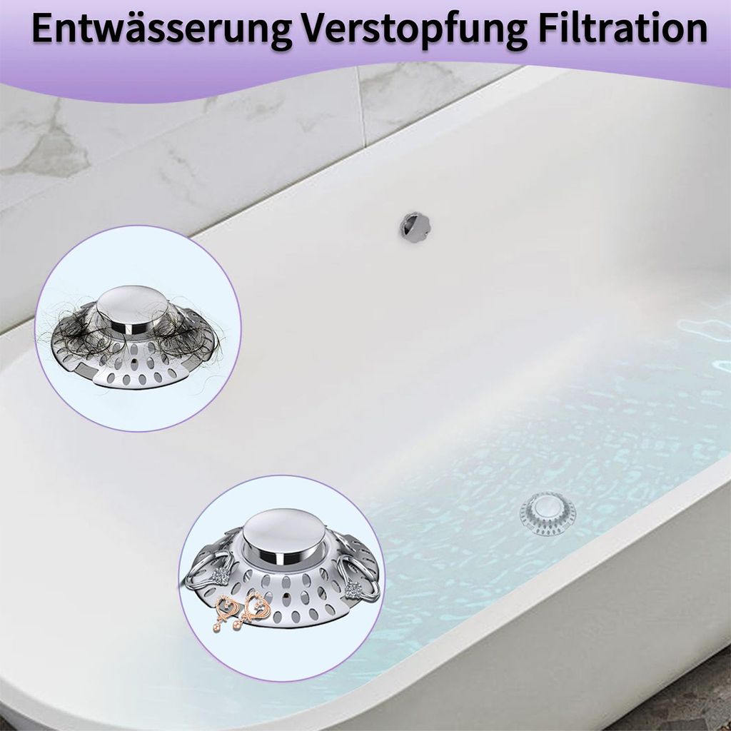 2-in-1 Badewannenstöpsel mit Sieb, Ablaufsieb Haarfänger, Produktbild 4